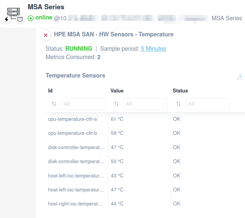 HPE MSA SAN HW sensors temperature